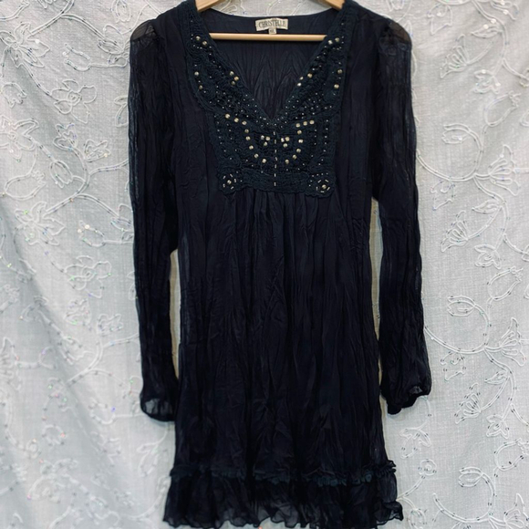 Y2K Christelle Gauze Chiffon Boho Mini Dress Crochet Beaded Detail Size M/L - Picture 2 of 7